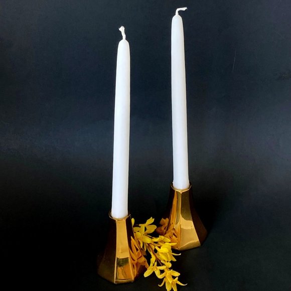 MCM Taper Candlestick Holders of Heavy Polished Brass Minimalistic Danish Design - Picture 2 of 16